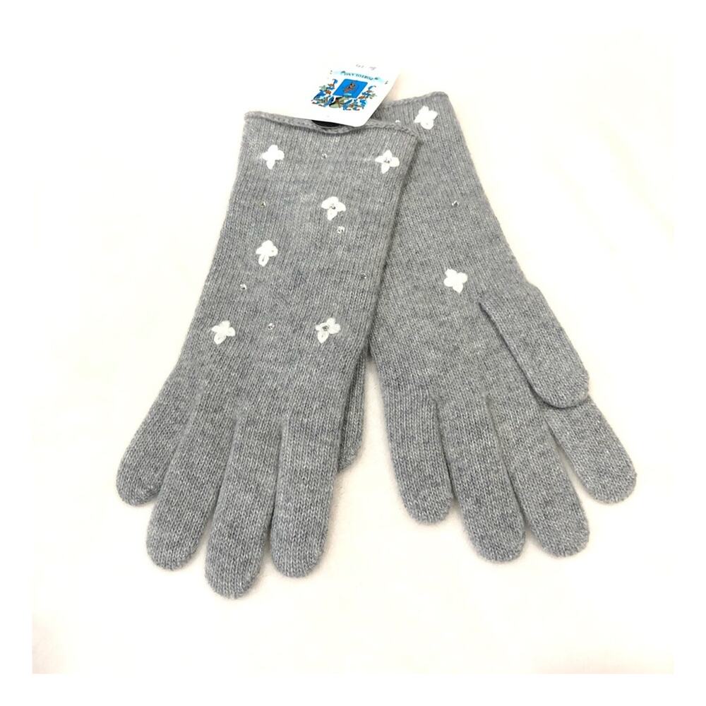 NWT Cashmere Gloves with Crystals + Embroidered Flowers Light Grey Ladies OSFM
